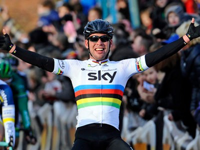 British Mark Cavendish of Team Sky celebrates as he crosses the finish line of the 65th edition of the one day 198 km cycling race 'Kuurne-Brussel-Kuurne' on February 26, 2012. AFP PHOTO / BELGA PHOTO DIRK WAEM (Photo credit should read DIRK WAEM/AFP/Getty Images)